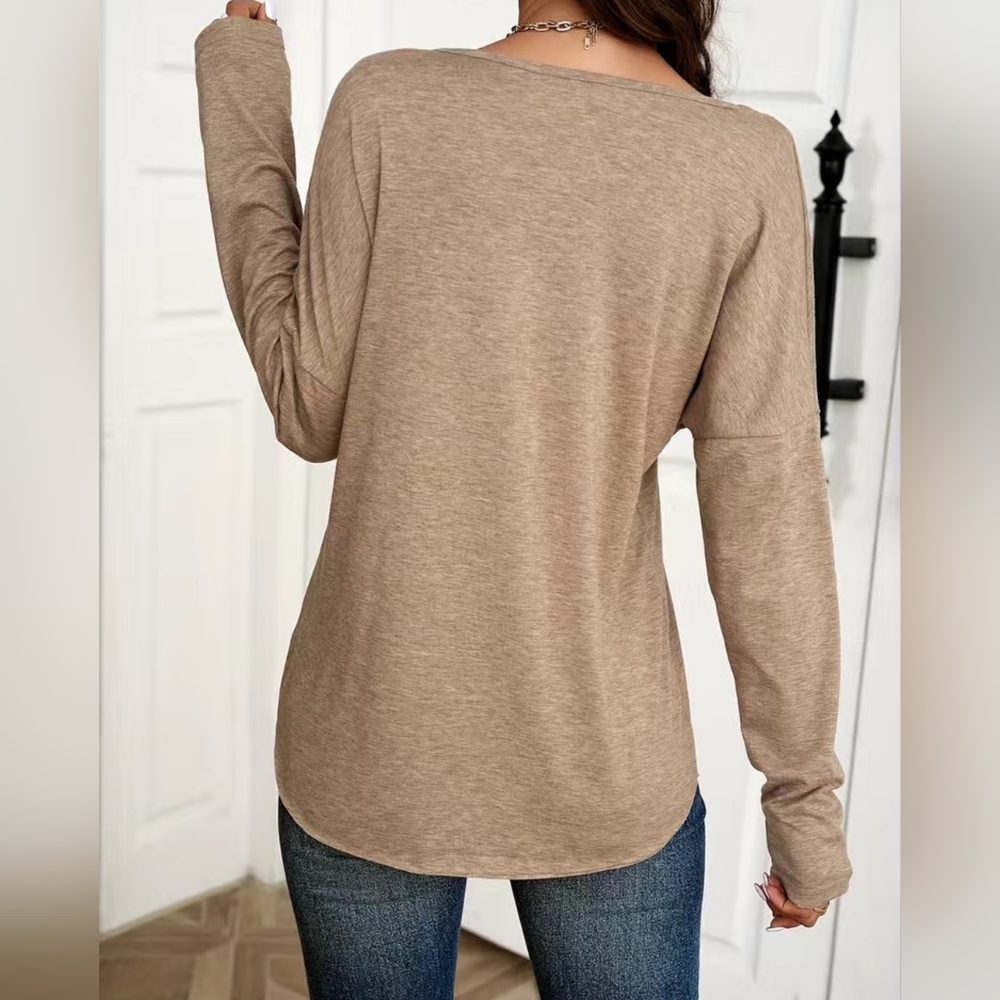 Long Sleeved Henley Beige NIP - Picture 3 of 5